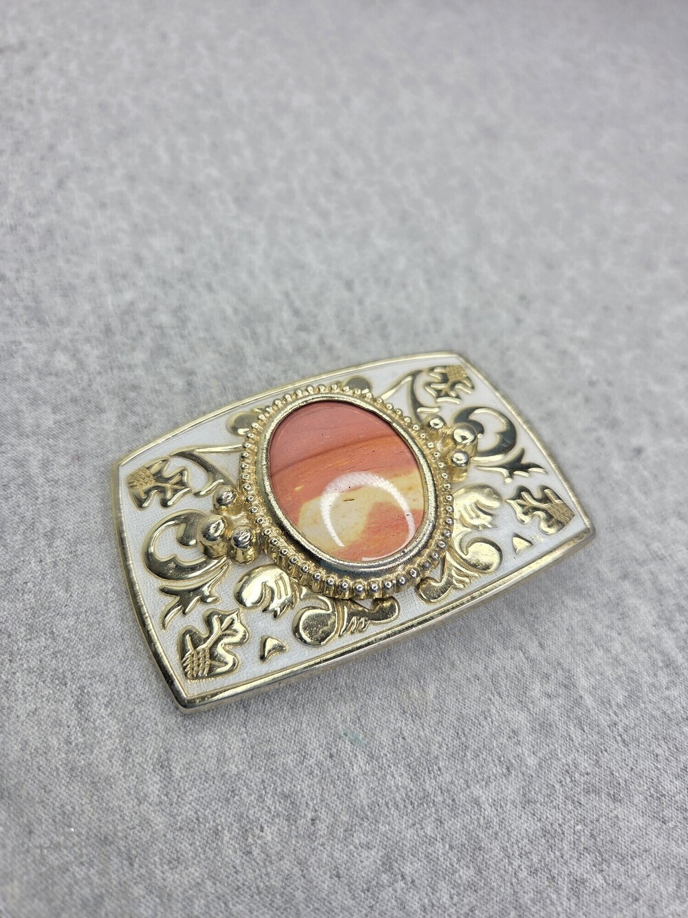 Womens Western Belt Buckle Jasper Look Stone White Enamel Gold Filigree Vintage